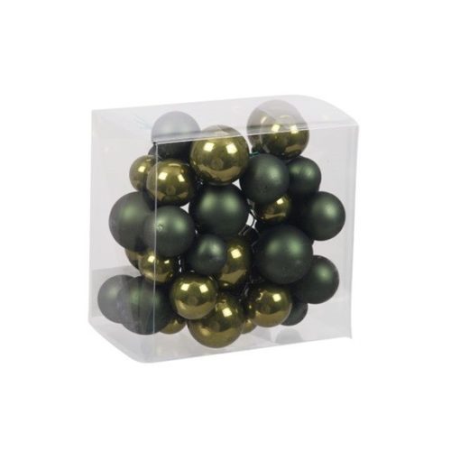 Üveg gömb betűzős 2 2,5 és 5,3 cm 24 db fenyőzöld matt és fényes